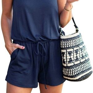 Navy Tank Top Short Romper with Pockets